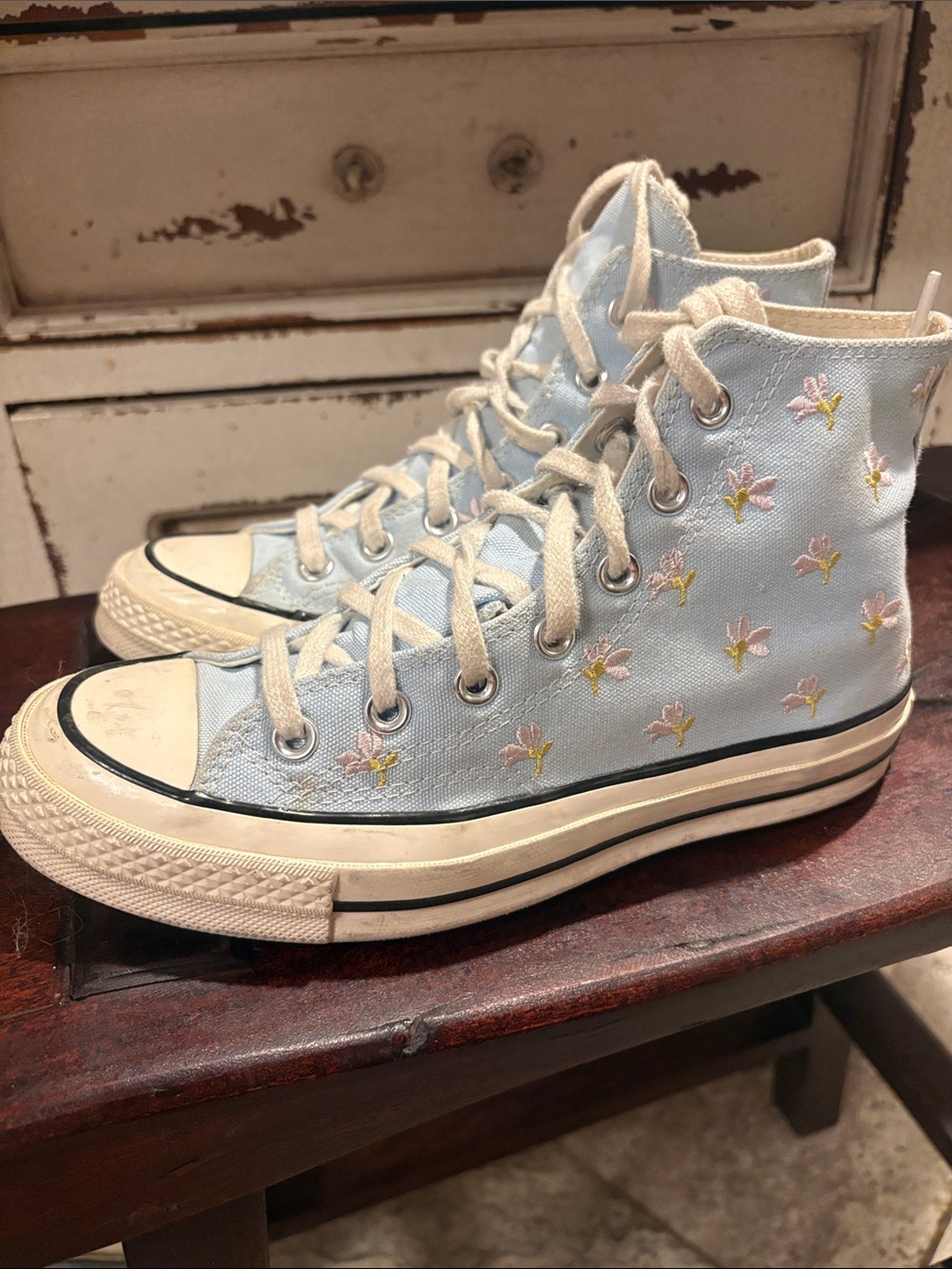 Converse Light Blue High Top Sneakers with Pink Floral Embroidery - Picture 1 of 9